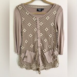 ONQUE CASUAL‎ Womens 3/4 Sleeve Mixed Media Layered Boho Top Netting S Artsy Tan
